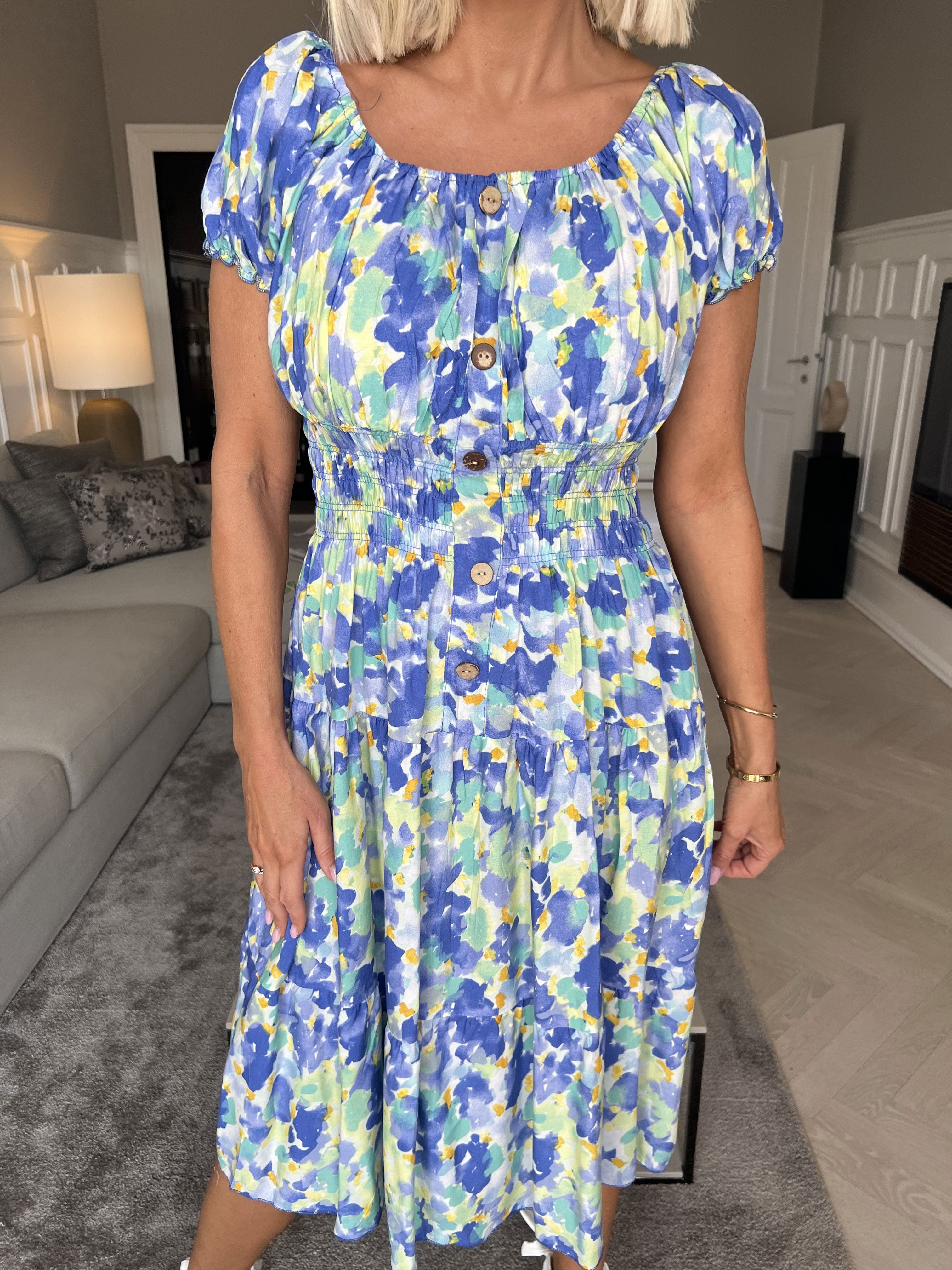 Finalia Art Short - Kort mångfärgad viskosklänning med resår i midjan